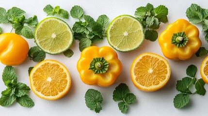 Fototapete - Bright yellow bell peppers sliced in half surrounded by fresh cilantro and mint leaves displayed against a soft gradient background with side empty space for text Stockphoto style