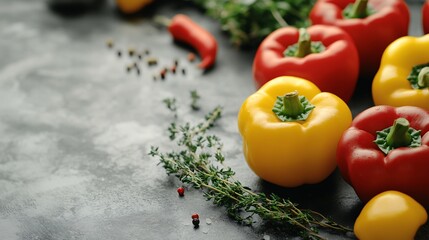 Fototapete - An elegant arrangement of red and yellow bell peppers with clusters of thyme and rosemary placed symmetrically for visual appeal with side empty space for text Stockphoto style