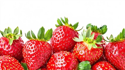 Fototapete - Isolated on white background a vibrant cluster of fresh red strawberries with green leaves placed at an angle with side empty space for text Stockphoto style