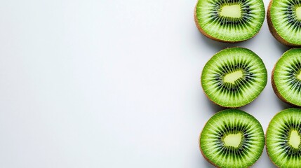 Fototapete - Isolated on white background a halved green kiwi with vibrant seeds displayed alongside whole kiwis with side empty space for text Stockphoto style