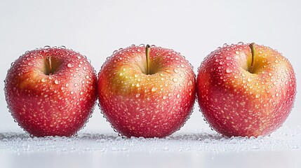 Fototapete - Isolated on white background a trio of glossy red apples with drops of water arranged symmetrically with side empty space for text Stockphoto style
