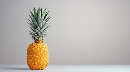 Fototapete - Isolated on white background a single bright yellow pineapple with spiky green leaves upright with side empty space for text Stockphoto style