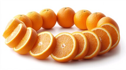 Fototapete - Isolated on white background a collection of ripe oranges and halved orange slices arranged in a circular formation with side empty space for text Stockphoto style