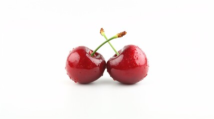 Fototapete - Isolated on white background a pair of bright red cherries with green stems crossed naturally with side empty space for text Stockphoto style
