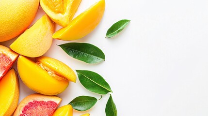 Fototapete - Isolated on white background a neatly arranged set of peeled and whole mangos with their rich orange flesh exposed with side empty space for text Stockphoto style