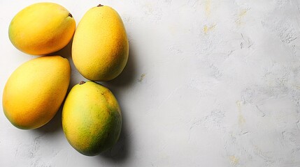 Fototapete - Isolated on white background a neatly arranged set of peeled and whole mangos with their rich orange flesh exposed with side empty space for text Stockphoto style