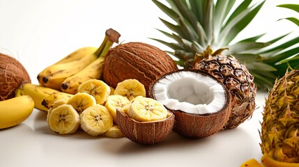 Fototapete - Isolated on white background a vibrant medley of tropical fruits including bananas coconuts and pineapples spread out casually with side empty space for text Stockphoto style