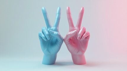 Wall Mural - Two hands making peace signs, one blue and one pink, against a light blue and pink background.