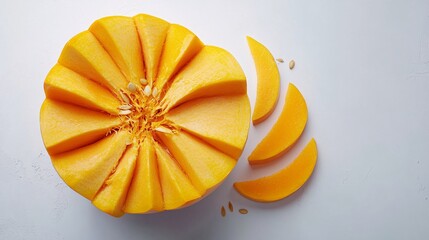 Fototapete - Isolated on white background a beautifully textured orange pumpkin paired with slices showing its vibrant interior with side empty space for text Stockphoto style
