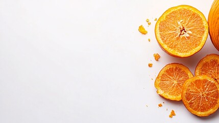 Wall Mural - Isolated on white background a beautifully textured orange pumpkin paired with slices showing its vibrant interior with side empty space for text Stockphoto style