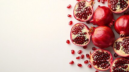 Fototapete - Isolated on white background a detailed image of whole and peeled pomegranate with its juicy red arils scattered naturally with side empty space for text Stockphoto style