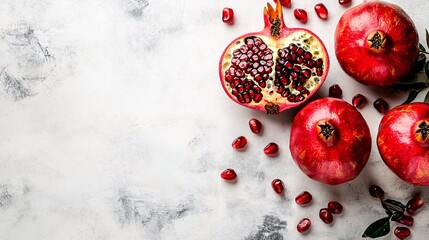 Fototapete - Isolated on white background a detailed image of whole and peeled pomegranate with its juicy red arils scattered naturally with side empty space for text Stockphoto style