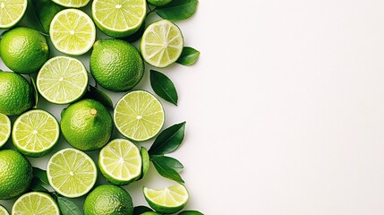 Wall Mural - Isolated on white background a simple arrangement of green limes paired with lime wedges showcasing their bright interiors with side empty space for text Stockphoto style