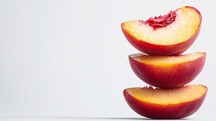 Fototapete - Isolated on white background a stack of fresh juicy peaches with one sliced open showing its vibrant yellow-orange flesh and seed with side empty space for text Stockphoto style