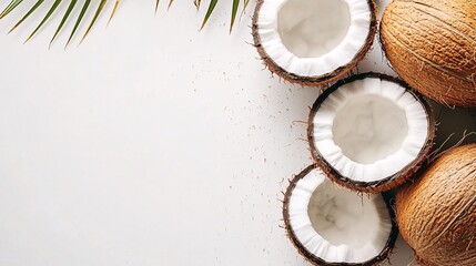 Wall Mural - Isolated on white background a collection of fresh coconut halves with their white flesh visible arranged creatively with side empty space for text Stockphoto style