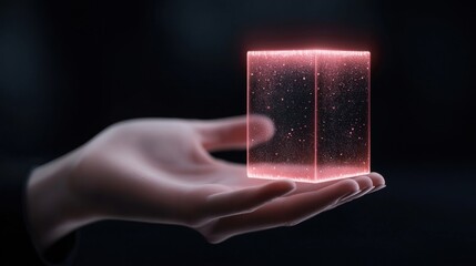Wall Mural - a hand holding a cube with a red glow