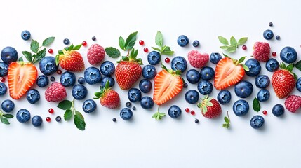 Fototapete - Isolated on white background a neat display of fresh strawberries and blueberries spread across naturally with side empty space for text Stockphoto style
