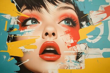 Wall Mural - Retro Pop Art Portrait of Emotive Animated Woman with Vibrant Makeup and Expressive Features Set Against a Futuristic Cityscape with Gestural Brushwork Style