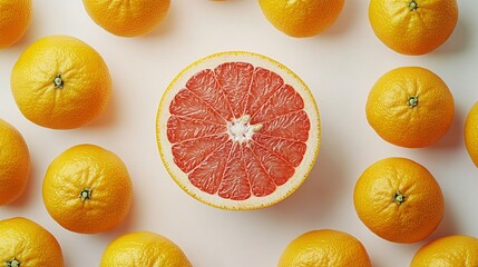 Fototapete - Isolated on white background a halved bright red grapefruit with its juicy interior surrounded by whole grapefruits arranged symmetrically with side empty space for text Stockphoto style