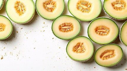 Fototapete - Isolated on white background a minimalist presentation of fresh green and yellow melons with one halved showing the seeded interior with side empty space for text Stockphoto style