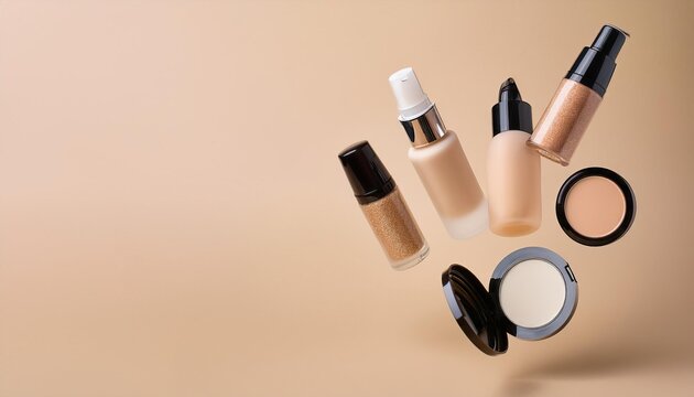 Flying decorative cosmetics on beige background