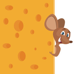 Wall Mural - mouse an cheese. cartoon background of cheese texture with dots and funny smile mouse