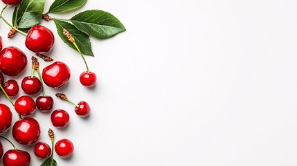 Fototapete - Isolated on white background a grouping of freshly picked cherries with their vibrant red skins and long green stems with side empty space for text Stockphoto style