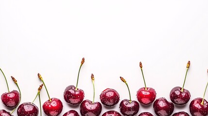 Fototapete - Isolated on white background a grouping of freshly picked cherries with their vibrant red skins and long green stems with side empty space for text Stockphoto style