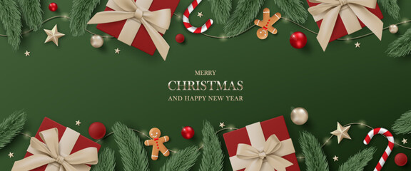 3d merry christmas luxury banner top view green background. happy new year holiday realistic greetin