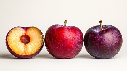 Fototapete - Isolated on white background a trio of halved and whole red and green plums with their juicy golden interiors visible with side empty space for text Stockphoto style