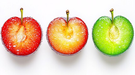 Fototapete - Isolated on white background a trio of halved and whole red and green plums with their juicy golden interiors visible with side empty space for text Stockphoto style