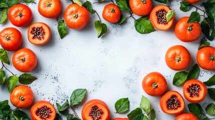 Fototapete - Isolated on white background a bright orange persimmon some sliced to reveal their vibrant flesh with side empty space for text Stockphoto style