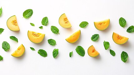 Fototapete - Isolated on white background a minimalist display of fresh yellow cantaloupe slices paired with green mint leaves with side empty space for text Stockphoto style