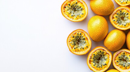 Fototapete - Isolated on white background a cluster of golden yellow passion fruits some cut open to reveal their vibrant seedy interiors with side empty space for text Stockphoto style