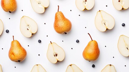 Fototapete - Isolated on white background a delicate arrangement of whole and sliced pears with their smooth skins and juicy flesh visible with side empty space for text Stockphoto style