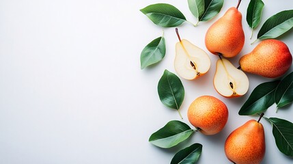 Fototapete - Isolated on white background a delicate arrangement of whole and sliced pears with their smooth skins and juicy flesh visible with side empty space for text Stockphoto style