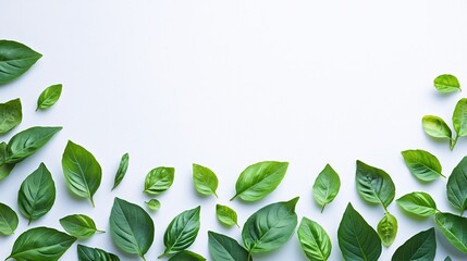 Fototapete - Isolated on white background fresh basil leaves arranged in a fan-like pattern with vibrant green color and side empty space for text Stockphoto style