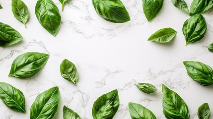 Fototapete - Isolated on white background fresh basil leaves arranged in a fan-like pattern with vibrant green color and side empty space for text Stockphoto style