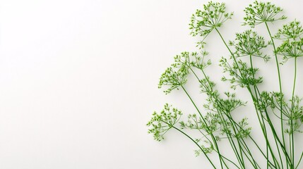Fototapete - Isolated on white background sprigs of dill showcasing its fine feathery leaves in a clean arrangement and side empty space for text Stockphoto style
