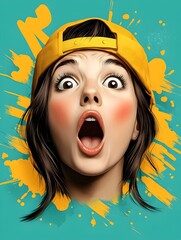 Wall Mural - Retro Pop Art Woman with Exaggerated Surprised and Excited Expression Dynamic Body Language Vibrant Neon Hues Brush Stroke Textured Digital Punk Influence