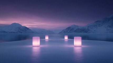 Wall Mural - a series of four lit up cubes are floating on a frozen lake