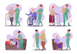 © ONYXprj - Senior care. Volunteers helping to elderly people medical assistance and social support characters exact vector cartoon senior
