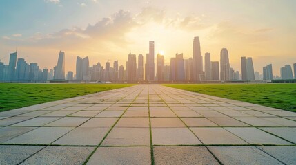 Empty square floor with city skyline background, Urban mosaic, mosaic-style composition