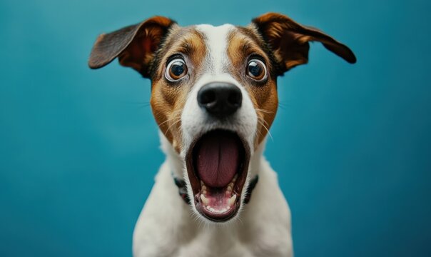 Funny surprised dog opening mouth wide with amazement on blue background