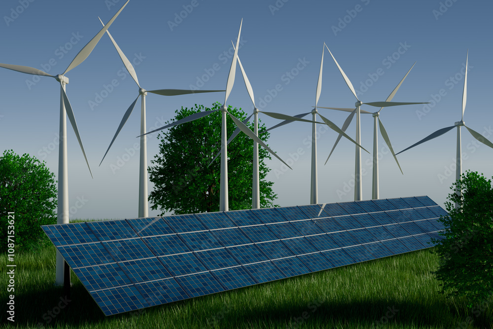 Renewable energy sources featuring wind turbines and solar panels in a ...