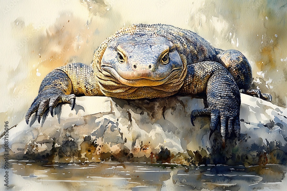 Majestic Komodo Dragon Resting on a Rock by a Water's Edge - A ...