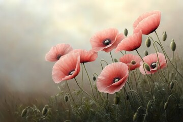 Canvas Print - Beautiful Close-up of Delicate Pink Poppies in Soft Light, Surrounded by Greenery, Capturing the Ethereal Essence of Nature's Floral Beauty