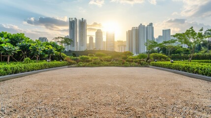 Wall Mural - Empty square floor with city skyline background, Urban rhythm, cityscape vista pulsating with energy