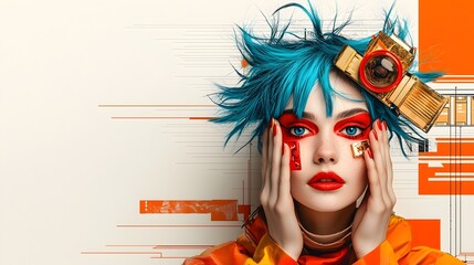 Wall Mural - Striking portrait of a retro inspired pop art woman with asymmetrical bright blue hair theatrical red and gold makeup