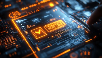 Digital interface with a person interacting, glowing checkbox highlighted, dark background, symbolizing project approval and quality control